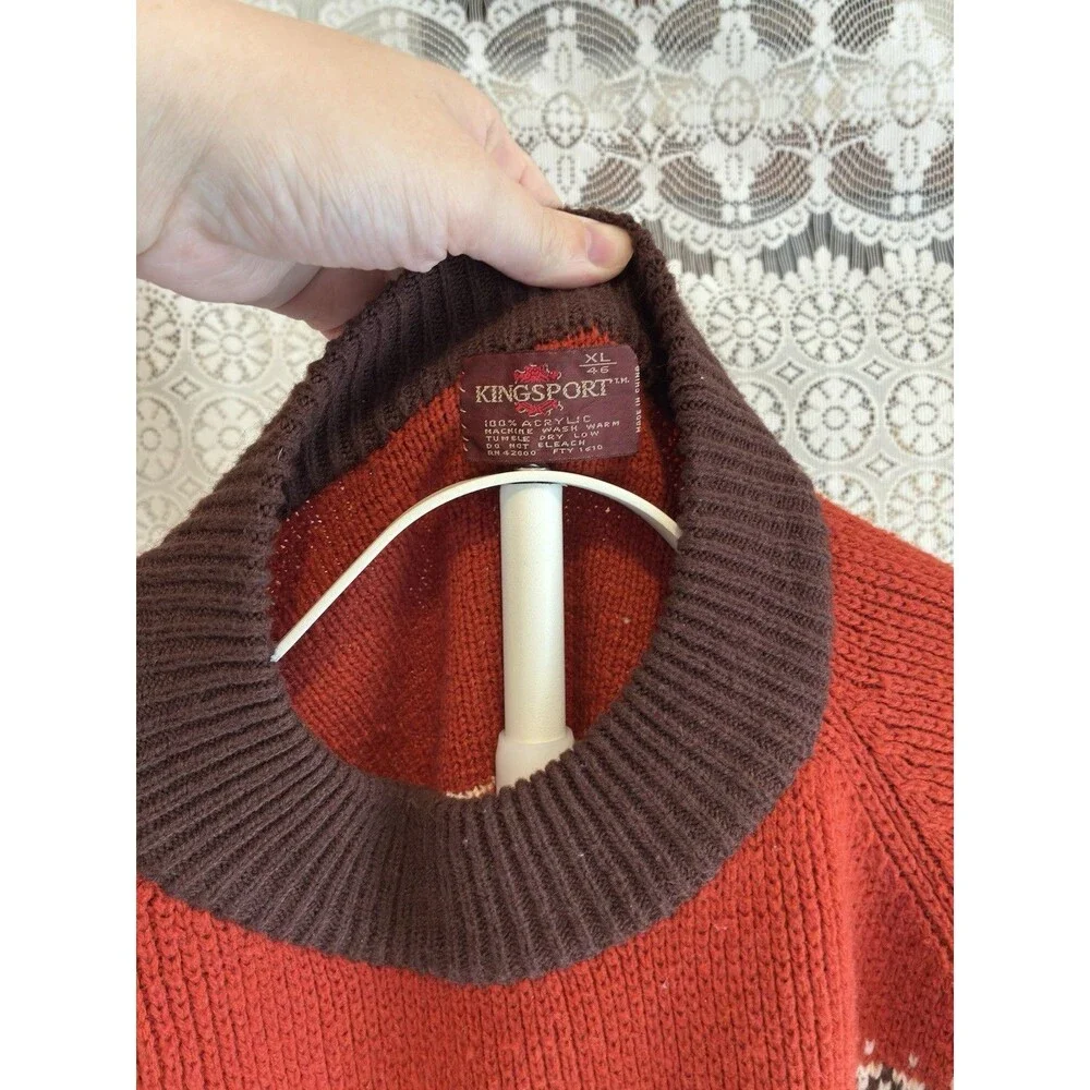 Vintage Kingsport Sweater XL 46 Men Fair Isle Nordic Knit Rust Skiwear 80s 90s